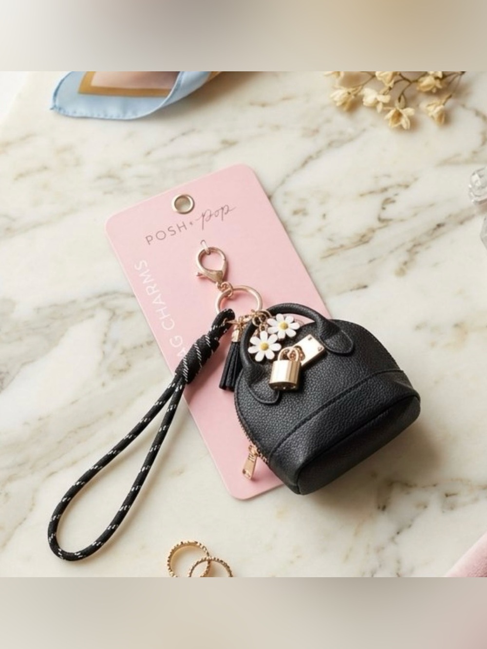 Posh Black Mini Backpack Key & Card Holder with Floral Charms